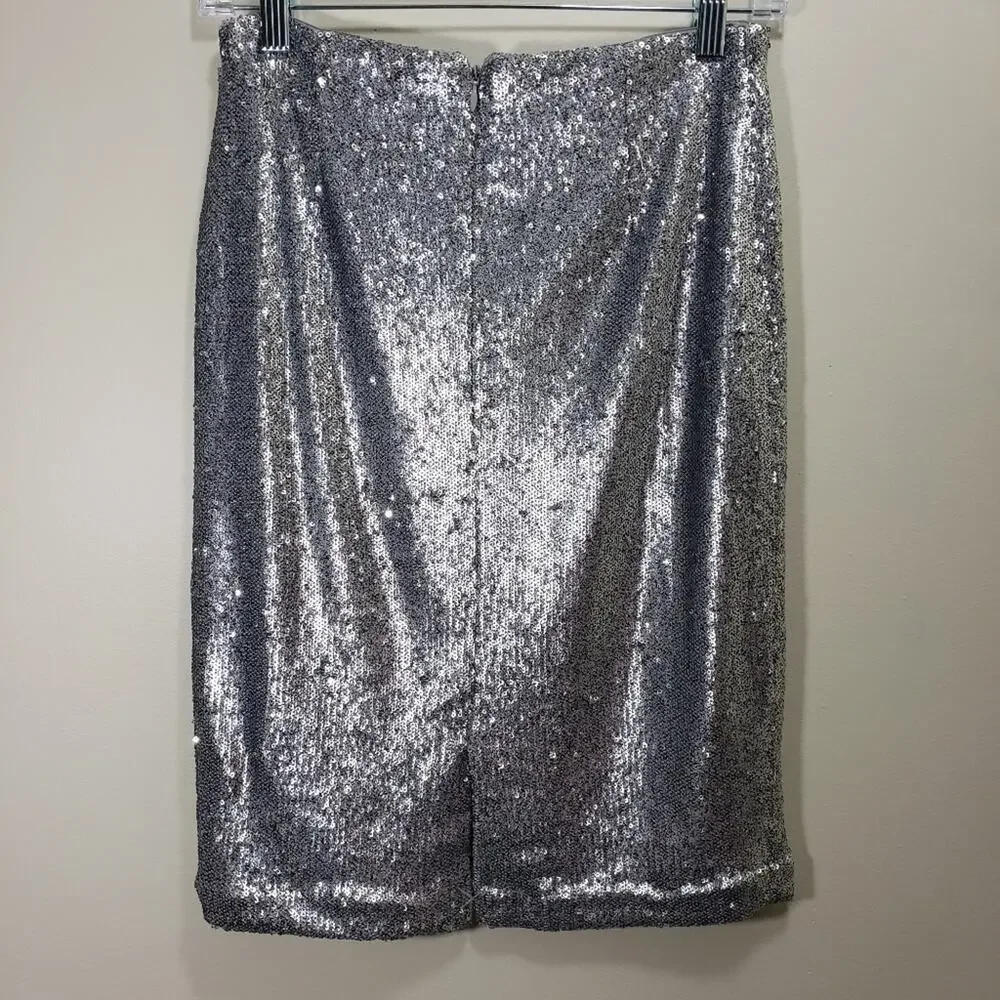WHBM NWT sparkly silver full sequin fully lined pencil‎ skirt woman's size 0